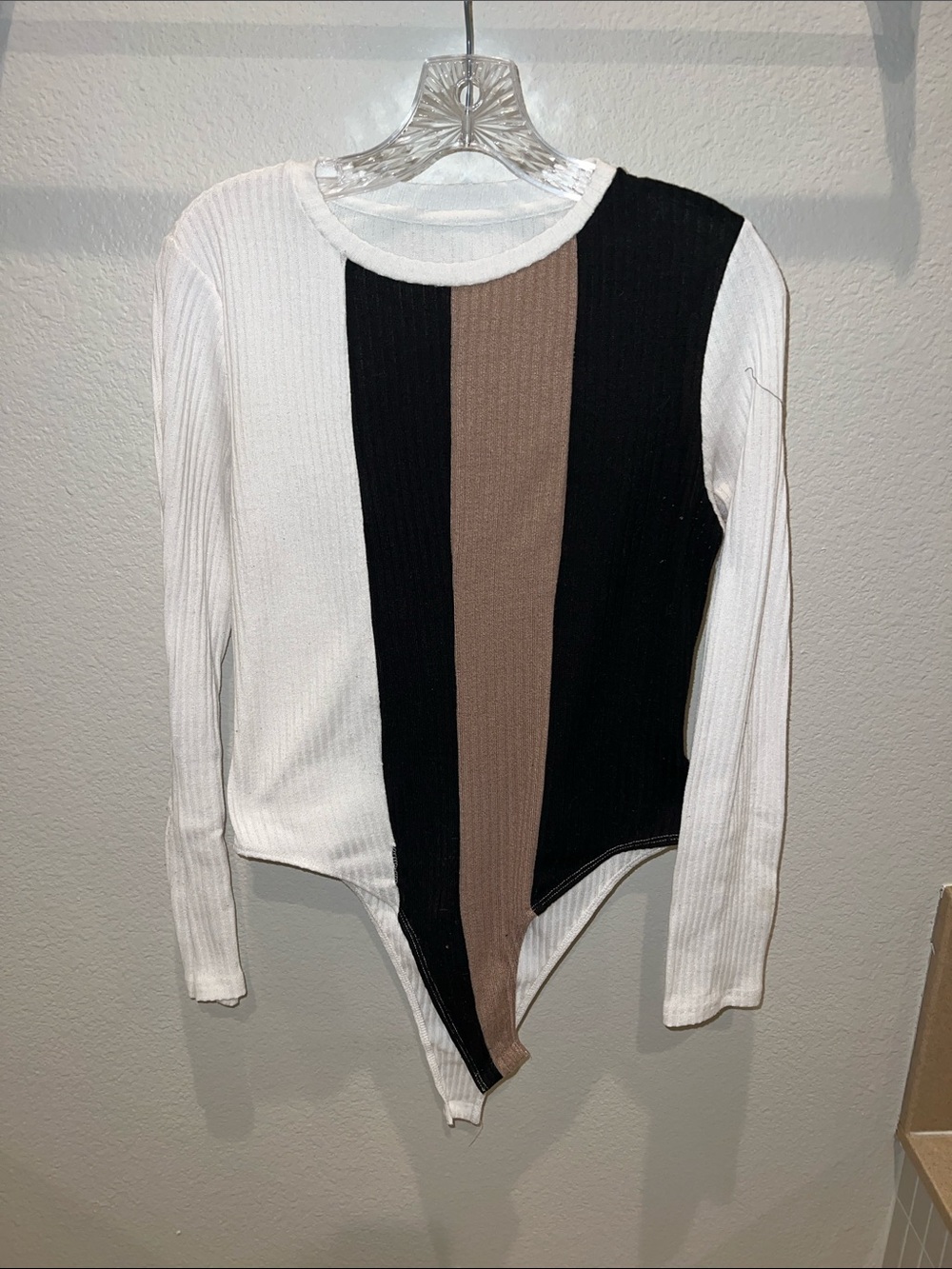 SHEIN White, Black & Brown Colorblock Ribbed Long-Sleeve Bodysuit